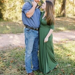 Green 3/4 Sleeve V-Neck Faux Wrap Maxi Dress